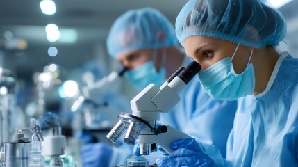 Scientists conduct research using microscopes in a laboratory environment during daylight hours