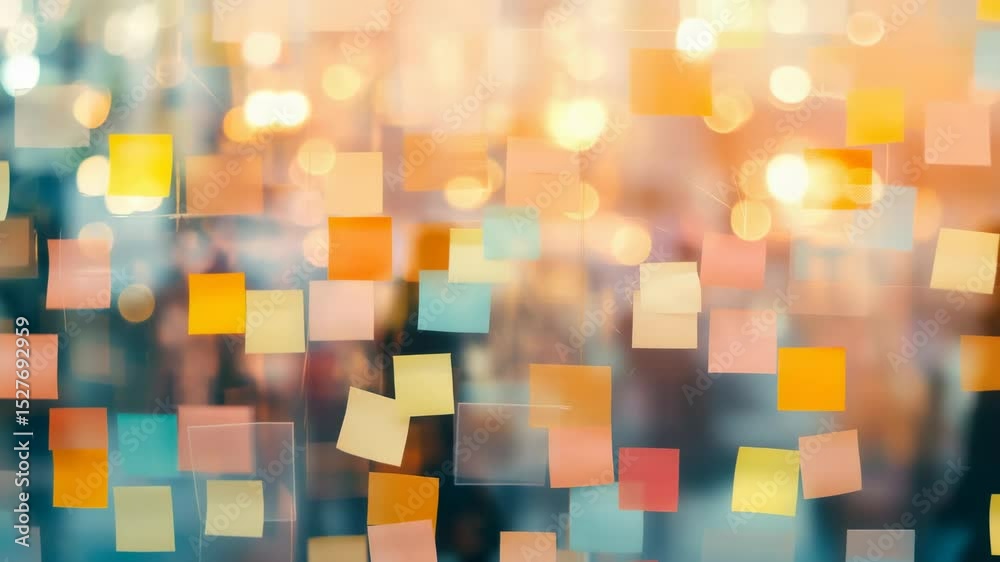Poster Multicolored sticky notes clustered on transparent surface, symbolizing collaborative brainstorming, innovative planning within contemporary workplace setting, soft ambient lighting glowing behind