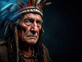 An older Native American man, with a feathered headdress, looks thoughtfully against a blurred background, perfect for a banner celebrating the International Day of the World's Indigenous Peoples.