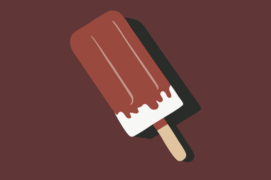 A richly chocolate-coated popsicle rests on a minimalist background