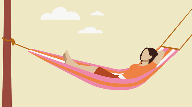 Woman relaxing in a colorful hammock under a sunny sky