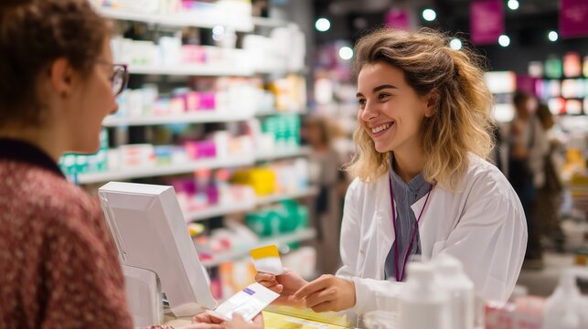 Friendly pharmacist assists customer with prescription at busy pharmacy during daytime