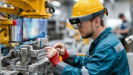 Augmented Reality in Action: An industrial worker in a factory, wearing a head-mounted display, uses augmented reality to interact with a machine, enhancing precision and efficiency. - Powered by Adobe