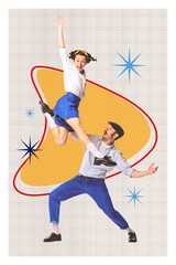 Contemporary art collage. Girl in school outfit lifted mid-air by man in cap against gridded retro...