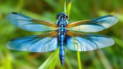 Vibrant blue dragonfly with translucent wings, perched on blade of grass.  Atop a blurred backdrop of lush green foliage