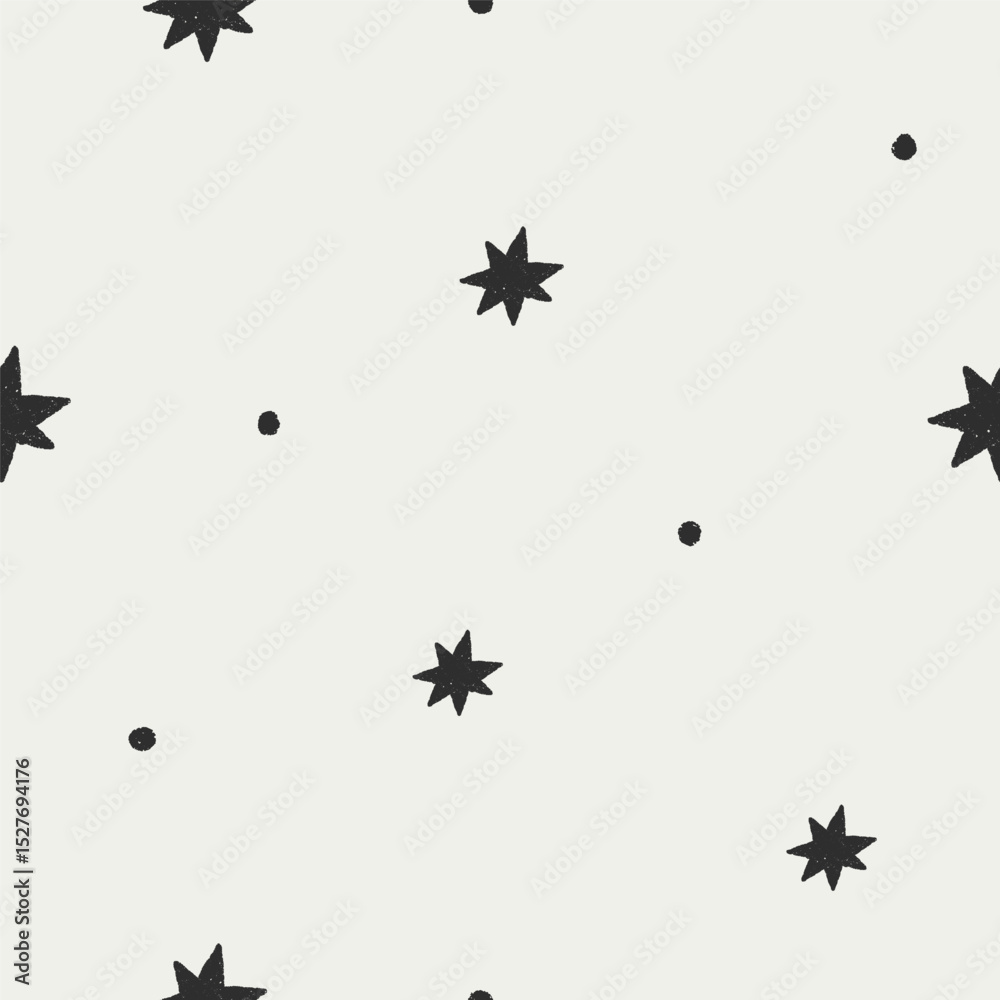 Poster Star pattern, seamless texture. Sparkles and dots, starry background design, endless repeating print for modern black and white fabric, paper wrapping, textile. Printable flat vector illustration