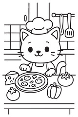 A creative black and white drawing depicting a cute cat wearing a chefs hat as it enthusiastically makes a delicious pizza