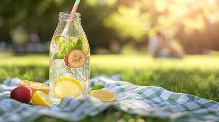 Fototapeta premium Cold fruit-infused water in glass bottle on sunny picnic cloth.