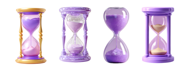 set of vintage-style sand timers in shades of lavender. isolated on transparent background