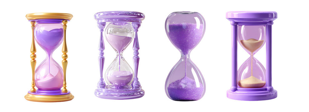 set of vintage-style sand timers in shades of lavender. isolated on transparent background