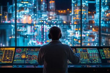 A skilled engineer with glasses focuses on multiple digital screens displaying data and control interfaces in a low-lit control room at night. The vibrant colors illuminate the surroundings
