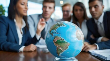 A team of professionals discusses strategies while focusing on a globe representing the Americas. The setting is bright and modern, fostering collaboration and communication - Powered by Adobe