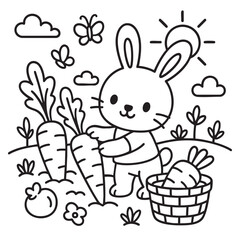 An intricate black and white drawing depicting a rabbit cheerfully picking carrots from the soil in a delightful manner