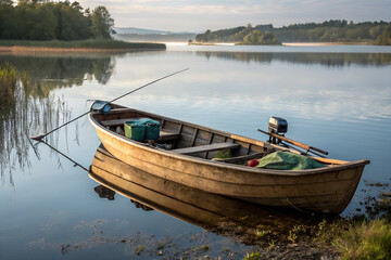 A wooden fishing boat is anchored on a calm lake surrounded by trees. The water reflects the sky and landscape, creating a serene atmosphere.