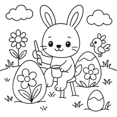 This illustration features a charming black and white drawing of a delightful bunny character joyfully painting colorful Easter eggs for the holiday season