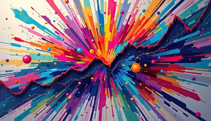 volatile financial trend chart with vivid contrast against a dynamic multicolor explosion pattern, ultra sharp 4k.