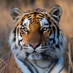 Fototapeta premium Wild Bengal tiger portrait with striking black stripes, a powerful feline predator in nature