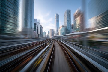 Fototapeta premium Urban rail tracks moving through a city, motion blur