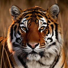 Obraz premium Wild Bengal tiger portrait with striking black stripes, a powerful feline predator in nature