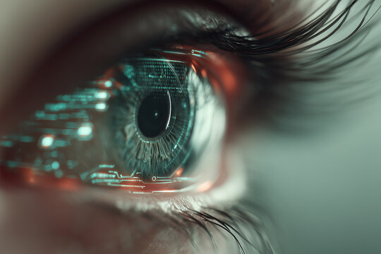 close-up of robotic eye with digital HUD interface, glowing with cybernetic overlays