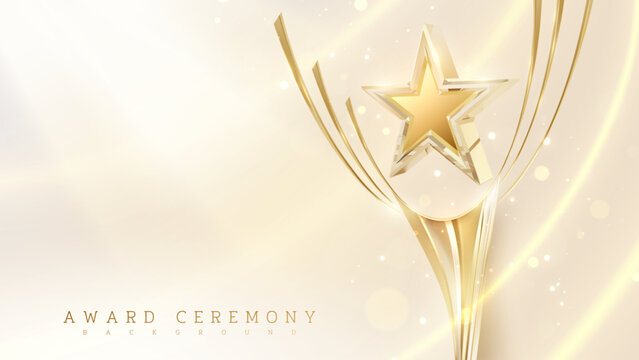 Golden trophy with 3D transparent star decorated with neon curve light effect and bokeh. Luxury style award ceremony background design concept. Vector illustration.