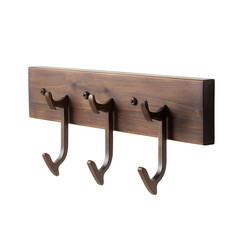 Wall mounted coat rack in dark wood with metal hooks on transparency background