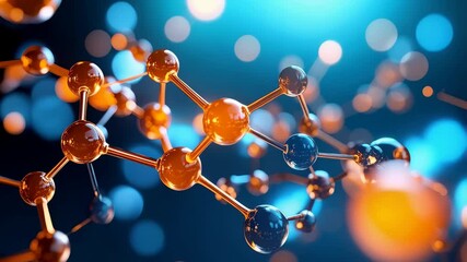 Abstract illustration of molecular structure with orange and blue spheres linked by rods, science concept with atom connections, biology model. - Powered by Adobe