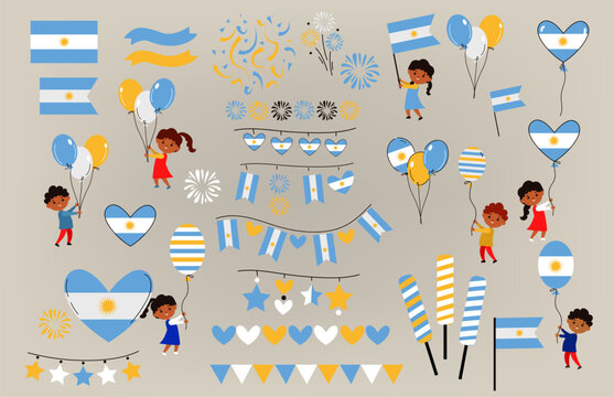 Icon set of Independence Day in Argentina. Happy children from Argentina celebrating with balloons, flag, garlands and fireworks. cartoon flat vector illustration	
 - Powered by Adobe