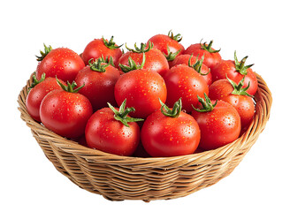 Basket of freshly picked tomatoes showcasing their rich, vibrant red color and natural dew drops