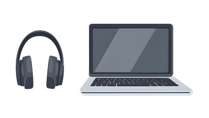 Laptop and headphones on transparency background, modern technology setup