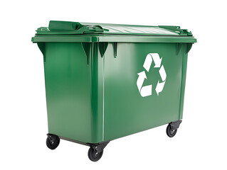 Large green recycling bin with white recycling symbol on wheels for waste management