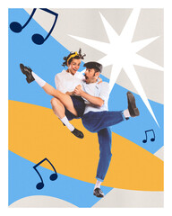 Conceptual art collage. Energetic man lifts playful woman mid-air with vivid expressions over bold...