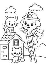 A brave dog firefighter climbs a ladder to rescue a kitten from a rooftop in this simple line drawing. Designed as a vector coloring book page for children, the illustration features bold outlines