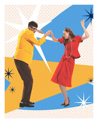 Retro style art design. Dancing couple in red and yellow outfits performs vintage swing move over pop-art background with star shapes. Concept of retro rhythm, music, party, joy, style.