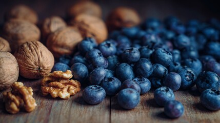 Obraz premium Fresh blueberries and walnuts arranged on wooden table, healthy brain food concept for memory improvement and Alzheimer prevention, superfood nutrition and wellness lifestyle.
