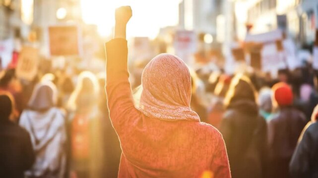Protestors fist raised in crowded demonstration