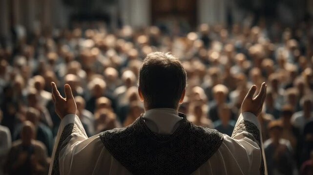 A priest preaching to a large crowd, conveying a message of faith and hope.