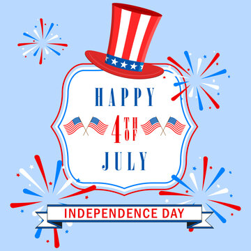 Happy 4th of July background with US national flag, fireworks and stars. USA Independence Day. Vector illustration.