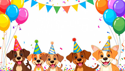Puppy Birthday Party: A cheerful illustration of puppies wearing party hats and balloons celebrate a joyful event. Bright and festive, this image captures the essence of fun.