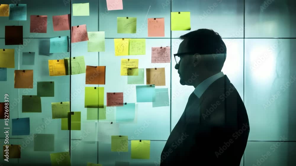 Poster professional analyzing multicolored notes plastered on glass partition, visualizing strategic workfl
