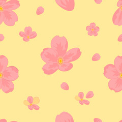 Pink Cherry Blossom Flowers and Petals on a Soft Yellow Background Seamless Pattern designed for textile, fabric print, wallpaper, decoration.