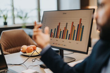 Business people analyzing charts and graphs showcasing sales trends. A focused view on economic data and team collaboration for strategic planning in a modern office setting.