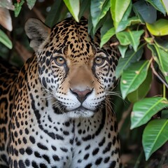 Obraz premium A majestic spotted Panthera pardus, a wild feline predator, rests in its zoo habitat