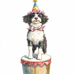 Dog celebrates birthday with party hat on a decorated cake stand Generative AI