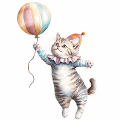 Cat wearing a clown outfit joyfully holding a balloon at a festive event Generative AI