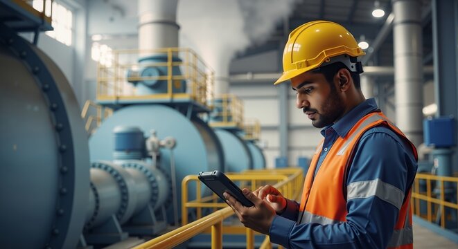 Young man engineer using digital tablet at industrial factory. Worker monitoring production with smart device. Industrial inspection and maintenance, with copy space