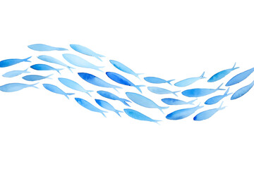 Watercolor illustration of a school of blue fish swimming against a transparent background