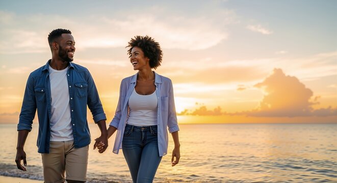 African american man and woman holding hands and walking on beach during sunset. Couple enjoying vacation and romantic moment, with copy space - Powered by Adobe