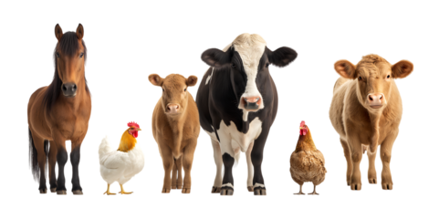 A group of different farm animals, including a horse, a cow, and a chicken, standing next to each other isolated on a transparent background
