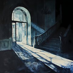 Dramatic light pouring through an ornate doorway onto a grand staircase Generative AI